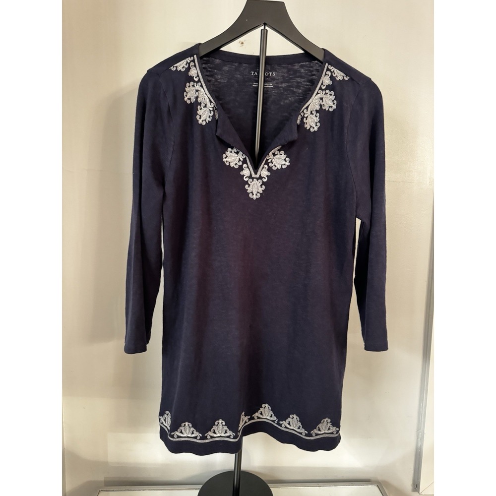 Talbots Navy Blue Embroidered‎ Split Neck 3/4 Sleeve Tunic Top 100% Cotton Sz L